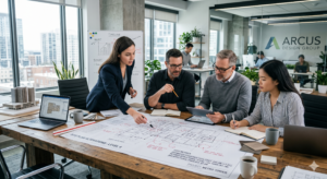 Engineering team performing value engineering analysis to reduce construction costs on an industrial facility project layout blueprint.